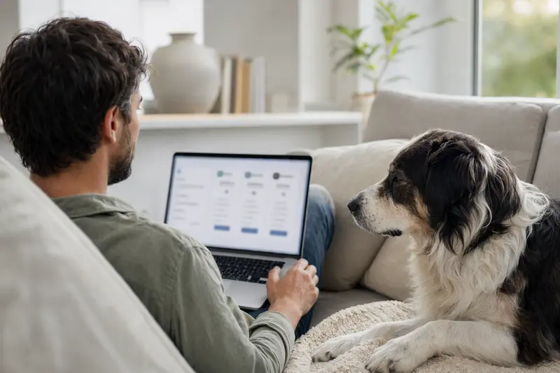 Ein Hundebesitzer sitzt entspannt mit einem Tornjak-Hund auf dem Sofa und vergleicht Tierversicherungen auf dem Laptop.