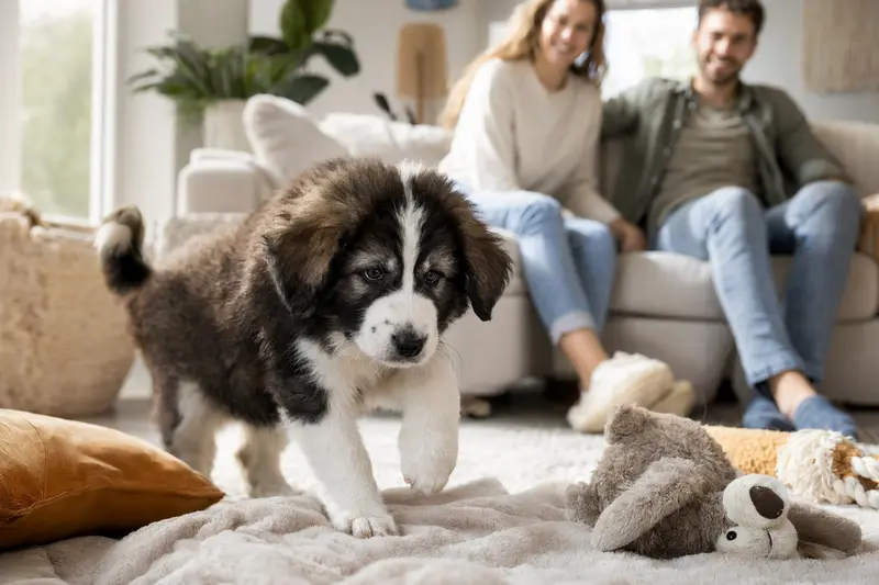 Ein junger Tornjak-Welpe erkundet neugierig sein neues Zuhause auf einer weichen Decke zwischen Spielzeug und einer liebevollen Familie im Hintergrund.