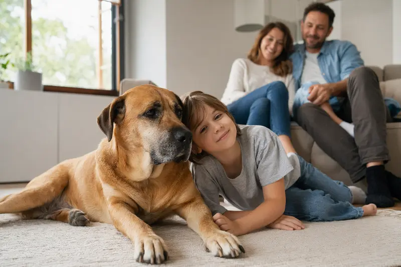 Ein freundlicher Tosa Hund liegt entspannt neben einem Kind im hellen Wohnzimmer, während die Eltern im Hintergrund eine sichere Familienatmosphäre schaffen.