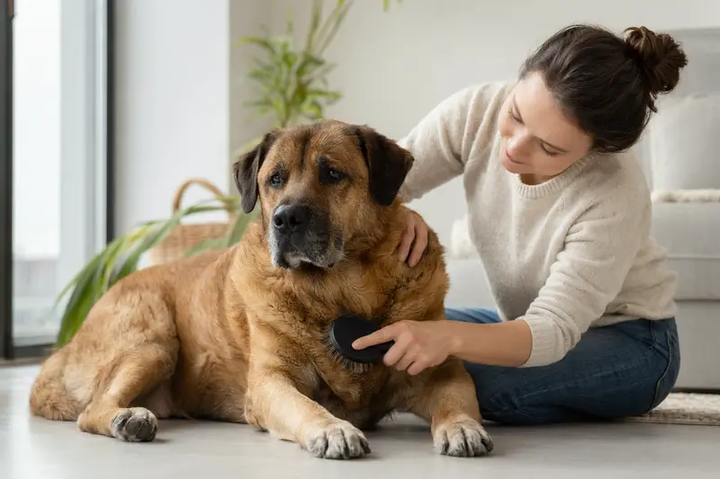 Ein Tosa Hund wird in einer hellen Wohnung sanft gebürstet, während sich sein Besitzer liebevoll um die Fellpflege kümmert.