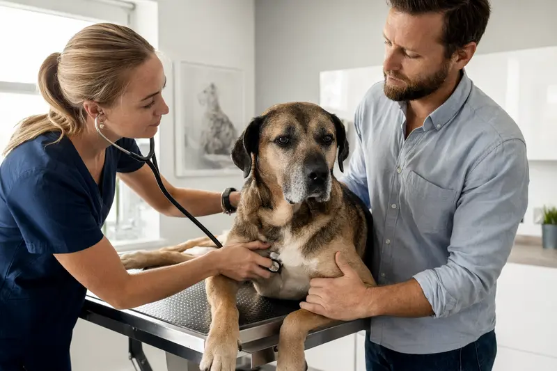 Eine Tierärztin untersucht einen ruhigen Tosa Hund mit dem Stethoskop, während der Besitzer in der modernen Tierarztpraxis beruhigend danebensteht.