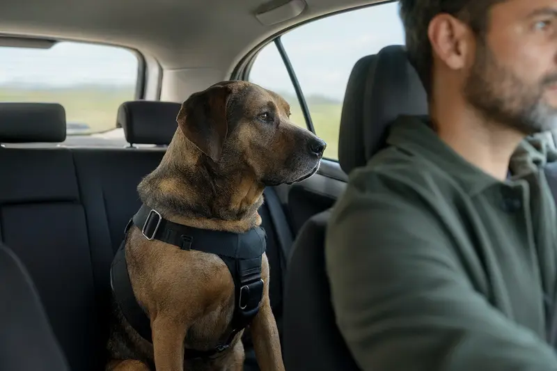 Ein Tosa Hund sitzt sicher angeschnallt auf der Rückbank eines Autos, während der Besitzer ruhig fährt und Sonnenlicht durch das Fenster fällt.