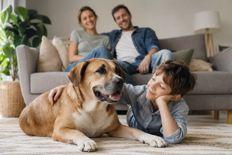 Ein freundlicher Tosa Inu Hund liegt entspannt neben einem Kind im hellen Wohnzimmer, während die Eltern im Hintergrund eine sichere Familienatmosphäre schaffen.