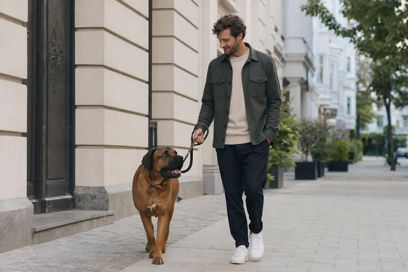 Ein Tosa Inu läuft an der Leine mit seinem Besitzer durch eine moderne Stadtstraße im Alltag, was das Thema Hundeversicherung und Tiergesundheit im urbanen Umfeld unterstützt.