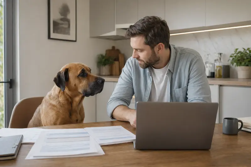 Ein Tosa Inu Hund sitzt entspannt neben seinem Besitzer am Küchentisch, auf dem Versicherungsunterlagen und ein Laptop liegen.