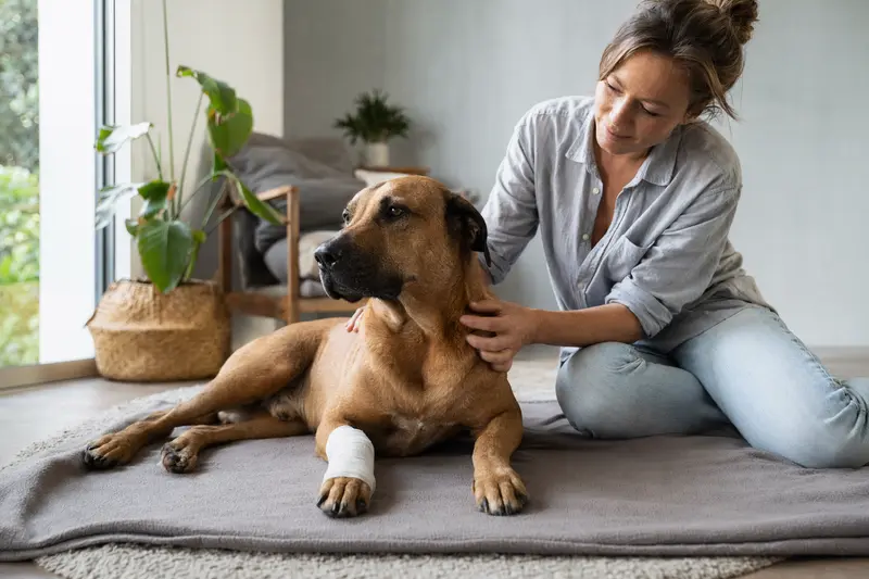 Ein Tosa Inu Hund mit leichtem Verband entspannen neben seinem Besitzer in einer hellen Wohnung, was eine fürsorgliche Atmosphäre vermittelt.