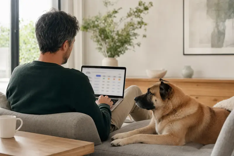 Ein Hundebesitzer mit einem Tosa Inu sitzt auf dem Sofa und vergleicht Versicherungsangebote auf seinem Laptop.