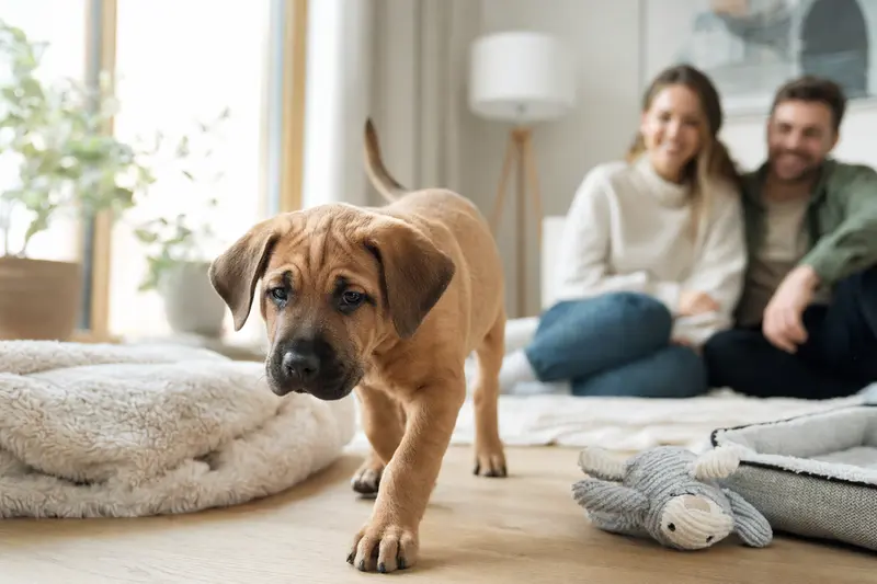Ein neugieriger Tosa Inu Welpe erkundet in einer hellen Wohnung sein neues Zuhause.