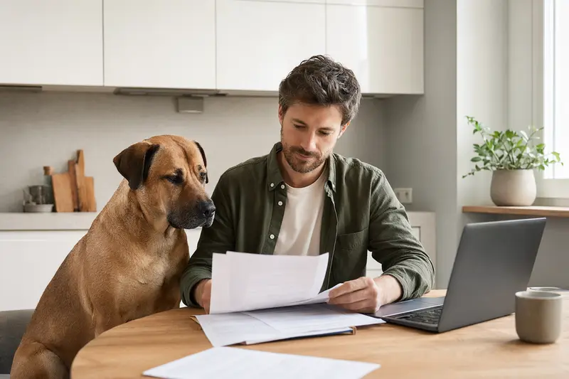 Ein Tosa sitzt ruhig neben seinem Besitzer am Küchentisch, während Versicherungsunterlagen und ein Laptop mit Vergleichsseite auf die Hundekrankenversicherung hinweisen.
