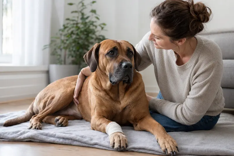 Ein Tosa Hund mit leichtem Verband an der Pfote liegt ruhig auf einer Decke neben seinem erleichterten Besitzer in einer hellen Wohnung.