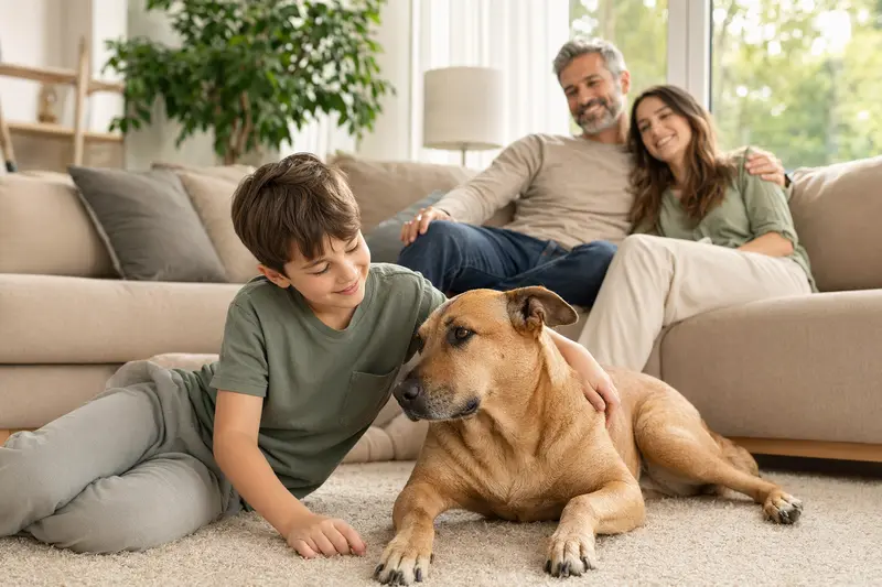 Ein freundlicher Tosa Token Hund liegt entspannt neben einem Kind im hellen Wohnzimmer, während die Eltern im Hintergrund eine sichere Familienatmosphäre schaffen.
