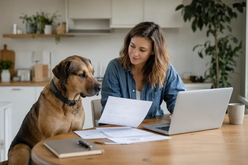 Ein Tosa Inu sitzt ruhig neben seinem Besitzer am Küchentisch, auf dem Versicherungsunterlagen und ein Laptop mit einer Vergleichsseite liegen.