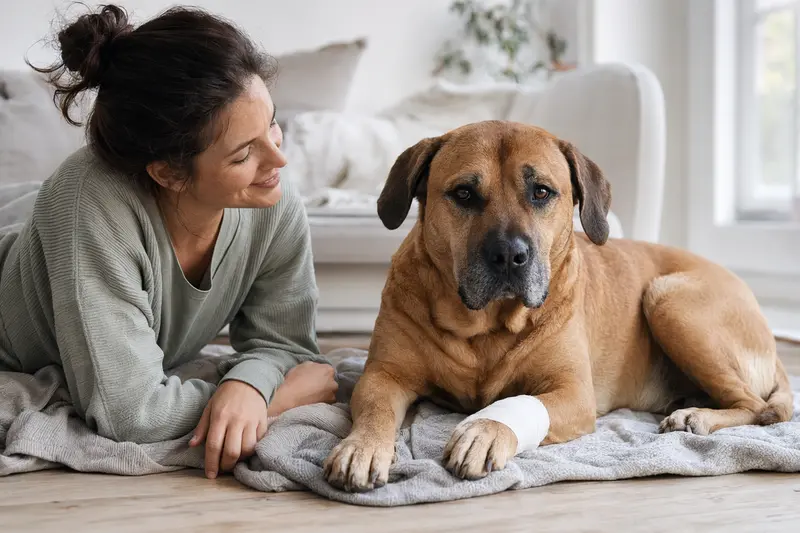 Tosa Token Hund mit leicht verbundenem Pfötchen liegt ruhig auf einer Decke neben seinem erleichterten Besitzer.
