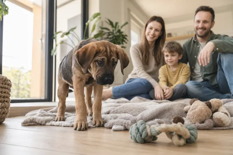 Junger Tosa Token Welpe entdeckt neugierig sein neues Zuhause auf einer weichen Decke mit Spielzeug in einer hellen Wohnung.