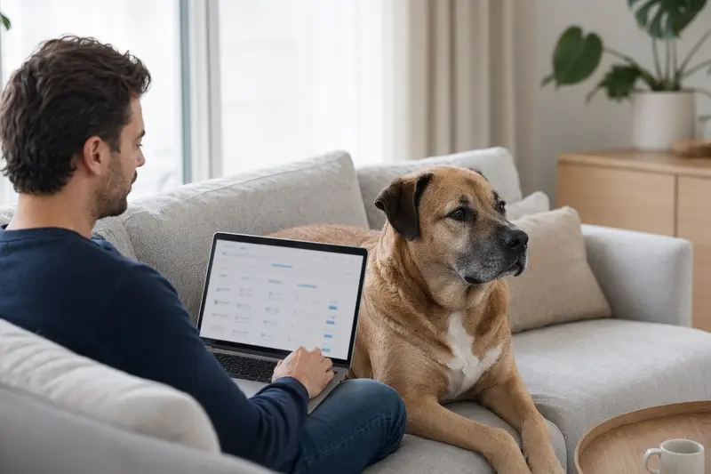 Ein Hund neben einem Besitzer, der entspannt mit einem Laptop auf dem Sofa sitzt und sich über Tierversicherungen informiert.