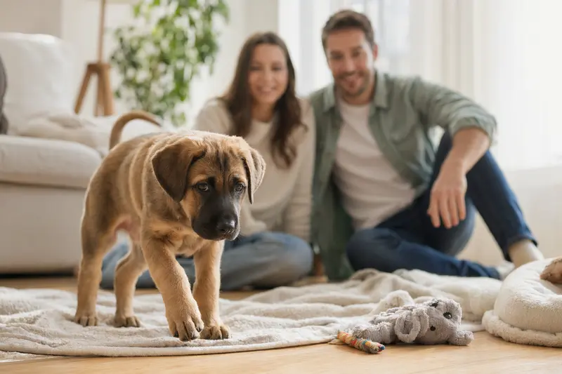 Ein junger Tosa Welpe entdeckt neugierig sein neues Zuhause mit weicher Decke und Spielzeug in einer hellen Wohnung.
