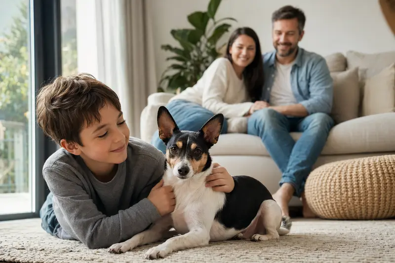 Ein freundlicher Toy Fox Terrier liegt entspannt neben einem Kind im Wohnzimmer, während die Eltern im Hintergrund eine sichere Familienatmosphäre schaffen.