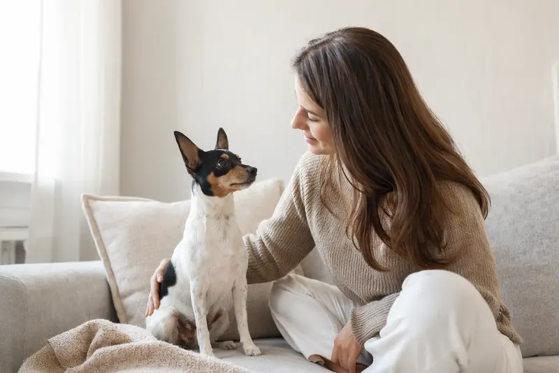 Ein aufmerksam stehender Toy Fox Terrier vor hellem neutralem Hintergrund, als realistisches Tierportrait mit weichem Licht und klaren Details.