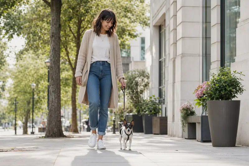 Ein Toy Fox Terrier läuft an der Leine mit seinem Besitzer durch eine moderne Stadtstraße.