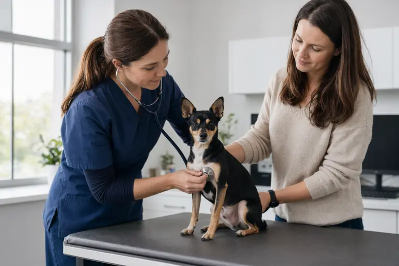 Eine Tierärztin untersucht einen ruhigen Toy Fox Terrier mit dem Stethoskop, während der Besitzer in einer modernen Tierarztpraxis beruhigend danebensteht.