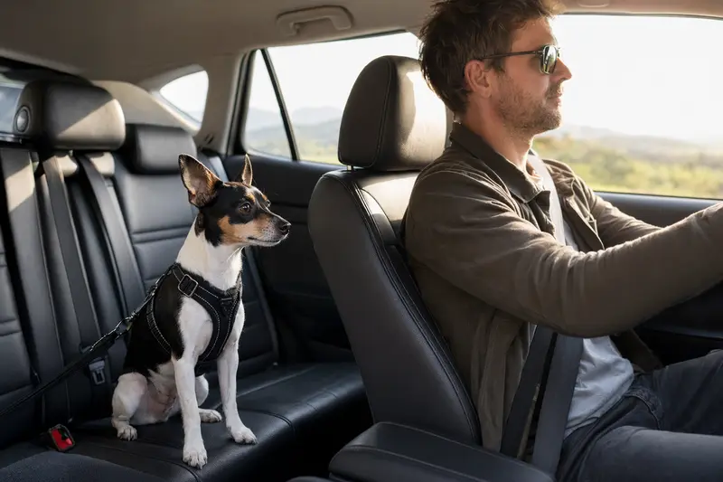 Ein Toy Fox Terrier sitzt sicher angeschnallt auf der Rückbank eines Autos, während sein Besitzer ruhig fährt.