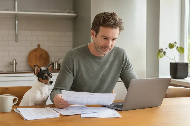 Ein Toy Fox Terrier sitzt ruhig neben seinem Besitzer am Küchentisch, während Versicherungsunterlagen und ein Laptop mit einer neutralen Vergleichsseite liegen.
