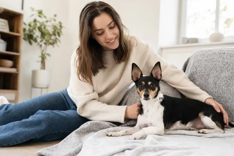 Toy Fox Terrier mit leicht bandagierter Pfote liegt ruhig auf einer Decke, während sein Besitzer erleichtert neben ihm sitzt.