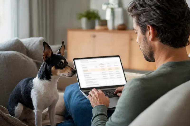 Ein Besitzer mit Laptop auf dem Sofa und seinem Toy Fox Terrier, der Versicherungsoptionen vergleicht.