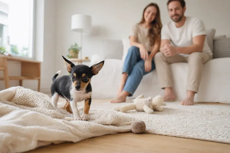 Ein junger Toy Fox Terrier Welpe entdeckt neugierig sein neues Zuhause auf einer weichen Decke mit Spielzeug, während im Hintergrund eine liebevolle Familie in einer hellen Wohnung zu sehen ist.