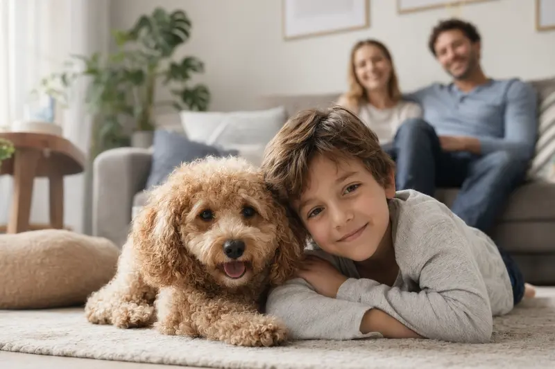 Ein freundlicher Toy-Pudel liegt entspannt neben einem Kind im Wohnzimmer, während die Eltern im Hintergrund eine sichere Familienatmosphäre schaffen.