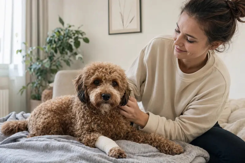 Toy-Pudel mit leichtem Verband an der Pfote liegt ruhig auf einer Decke, während sein Besitzer neben ihm erleichtert sitzt.