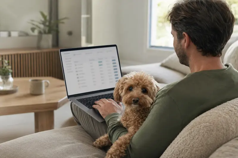 Ein Hundebesitzer mit einem Toy-Pudel sitzt entspannt auf dem Sofa und vergleicht Tierversicherungen auf seinem Laptop.