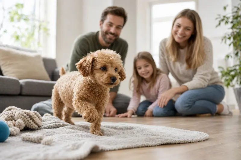 Ein junger Toy-Pudel-Welpe entdeckt neugierig sein neues Zuhause mit weicher Decke und Spielzeug, während seine Familie im Hintergrund zu sehen ist.