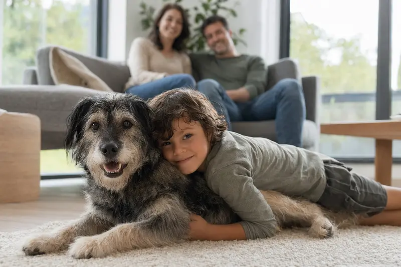 Ein freundlicher Transmontano Hund liegt entspannt neben einem Kind im Wohnzimmer in einer sicheren Familienatmosphäre.
