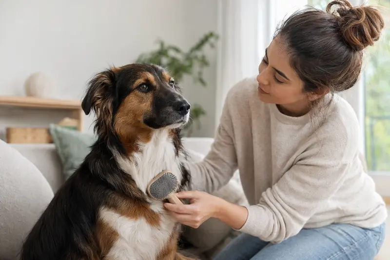 Ein Transmontano-Hund wird in einer hellen Wohnung sanft vom Besitzer gebürstet, was liebevolle Fellpflege und verantwortungsvolle Hundegesundheit zeigt.