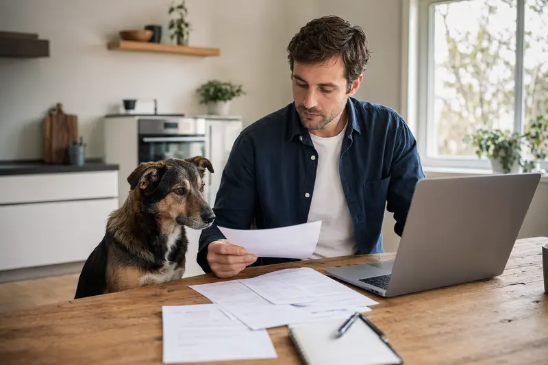 Ein Transmontano Hund sitzt ruhig neben seinem Besitzer am Küchentisch mit Versicherungsunterlagen und einem Laptop zur Hundekrankenversicherung.