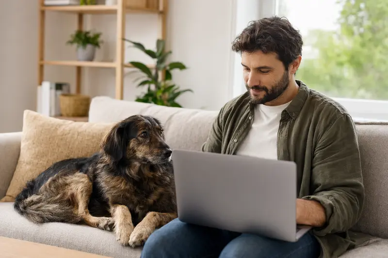 Ein Hundebesitzer sitzt auf dem Sofa mit Laptop, während ein Transmontano Hund daneben liegt und eine neutrale Versicherungsvergleichsoberfläche zeigt.