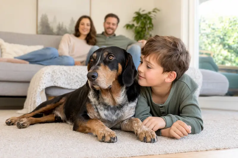 Ein freundlicher Transsylvanischer Laufhund liegt entspannt neben einem Kind im hellen Wohnzimmer, während die Eltern im Hintergrund eine sichere Familienatmosphäre schaffen.