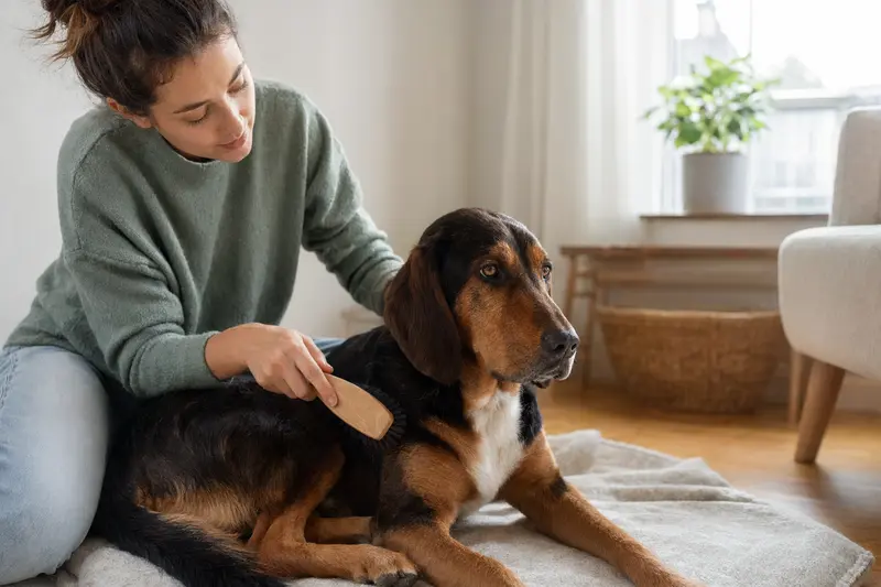 Ein Transsylvanischer Laufhund wird in einer hellen Wohnung liebevoll gebürstet und gepflegt.