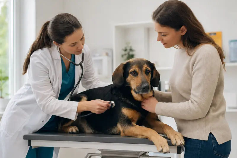 Eine freundliche Tierärztin untersucht einen ruhigen Transsylvanischen Laufhund in einer modernen Tierarztpraxis mit dem Stethoskop, während der Besitzer beruhigend danebensteht.