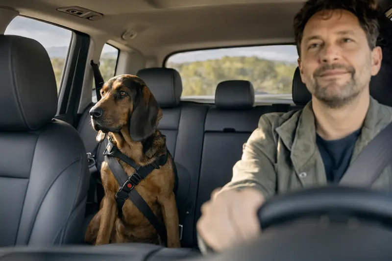 Ein Transsylvanischer Laufhund sitzt sicher angeschnallt auf der Rückbank eines Autos, während sein Besitzer ruhig fährt.