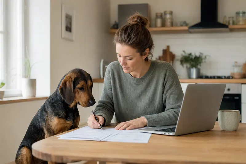 Ein Transsylvanischer Laufhund sitzt ruhig neben seinem Besitzer am Küchentisch mit Versicherungsunterlagen und einem Laptop mit neutraler Vergleichsseite.
