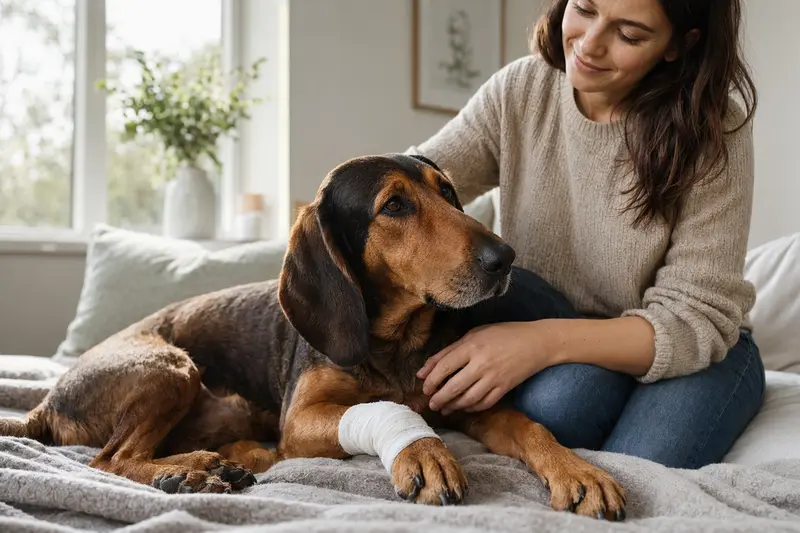 Transsylvanischer Laufhund mit leicht bandagierter Pfote liegt ruhig auf einer Decke neben seinem erleichterten Besitzer.