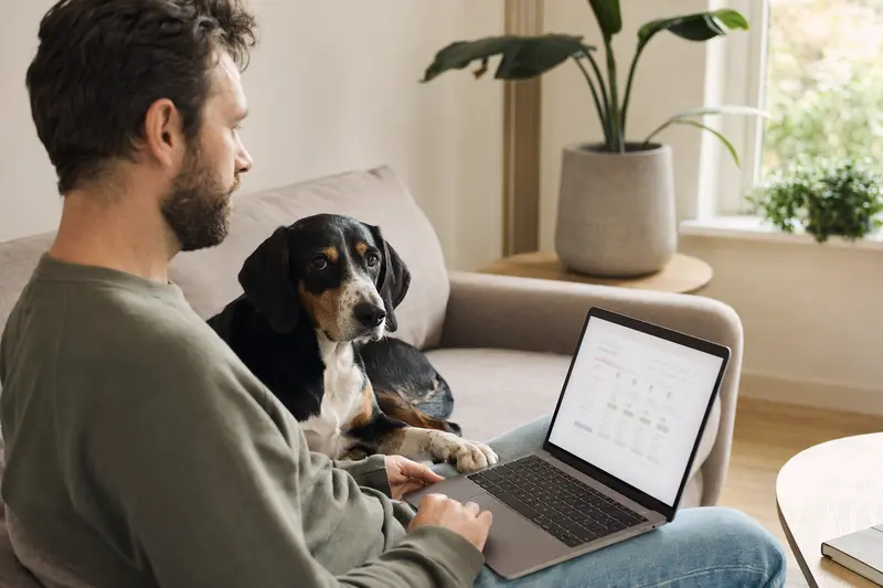 Ein Hundebesitzer auf dem Sofa mit Laptop, neben ihm ein Transsylvanischer Laufhund, der gemeinsam über Versicherungsoptionen nachdenkt.