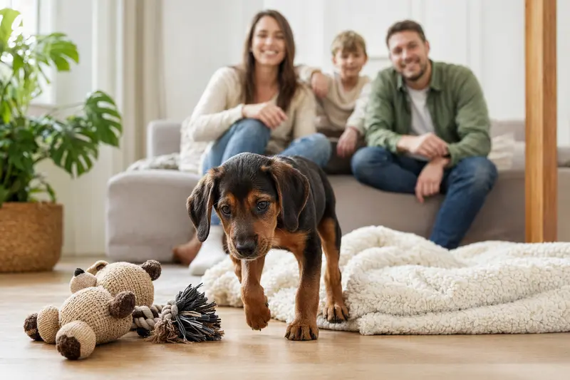 Neugieriger Transsylvanischer Laufhund-Welpe erkundet sein neues Zuhause auf einer weichen Decke neben Spielzeug, während seine Familie im Hintergrund steht.