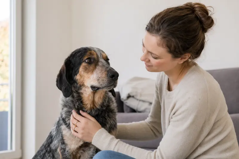 Transsylvanischer Spürhund in aufmerksamer, natürlicher Haltung vor hellem Hintergrund, als realistisches Hundeporträt mit weichem Licht.