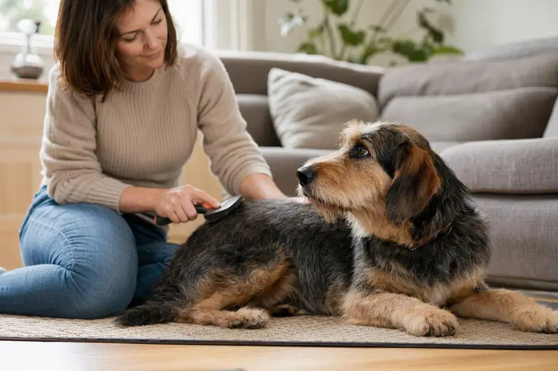 Ein Transsylvanischer Spürhund wird in einer hellen Wohnung sanft gebürstet, während sich der Besitzer liebevoll um die Fellpflege kümmert.