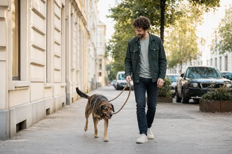 Ein Transsylvanischer Spürhund läuft an der Leine mit seinem Besitzer durch eine moderne Stadtstraße.