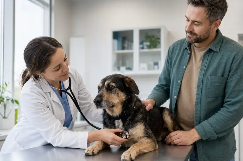 Eine Tierärztin untersucht einen ruhigen Transsylvanischen Spürhund auf dem Behandlungstisch mit dem Stethoskop, während der Besitzer beruhigend danebensteht.