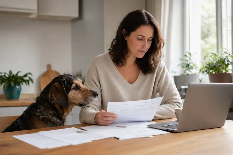 Ein Transsylvanischer Spürhund sitzt ruhig neben seinem Besitzer am Küchentisch mit Versicherungsunterlagen und einem Laptop zur Tierkrankenversicherung.